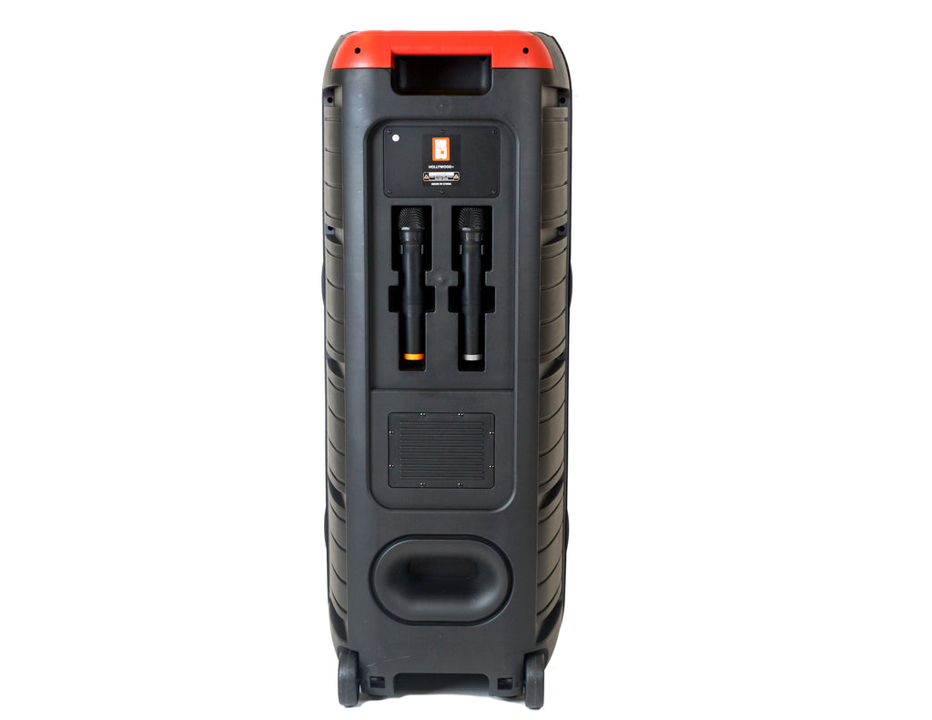 MR DJ HOLLYWOOD+ Dual 15" Rechargeable Portable Bluetooth Karaoke Speaker Party Flame Lights with 2 Wireless Microphone TWS USB FM Radio