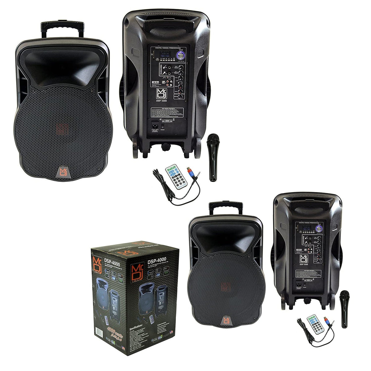 2 MR DJ DSP4000 PAIR 15" 4000W Bluetooth Portable PA DJ Speaker with Stands