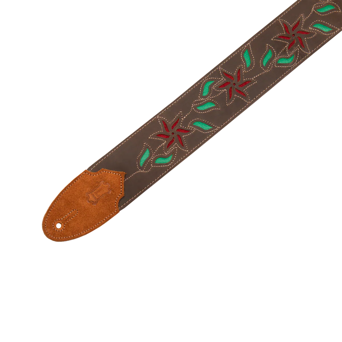 Levy's Leathers M4FV-DBR_RED Brown Leather Red Flowers and Green Leaves Guitar Strap