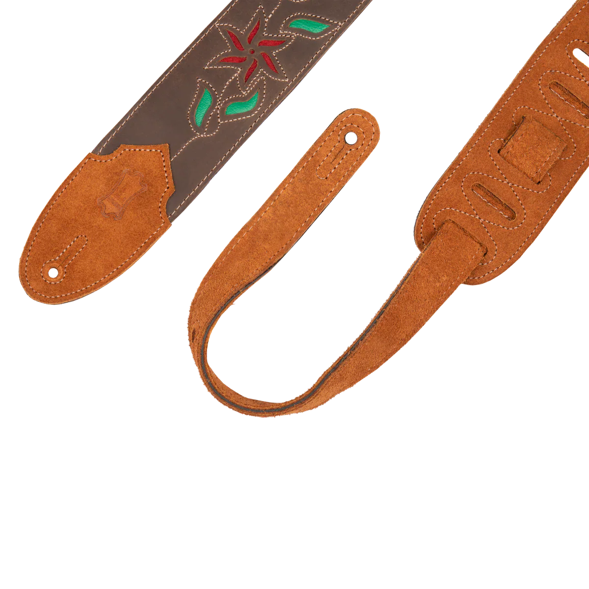 Levy's Leathers M4FV-DBR_RED Brown Leather Red Flowers and Green Leaves Guitar Strap