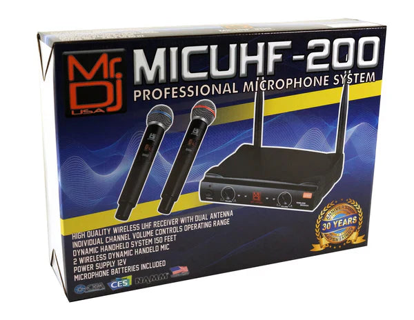 Mr. Dj MIC-UHF200 Professional Wireless Microphone System Kit with 2 Handheld & Wireless Receiver