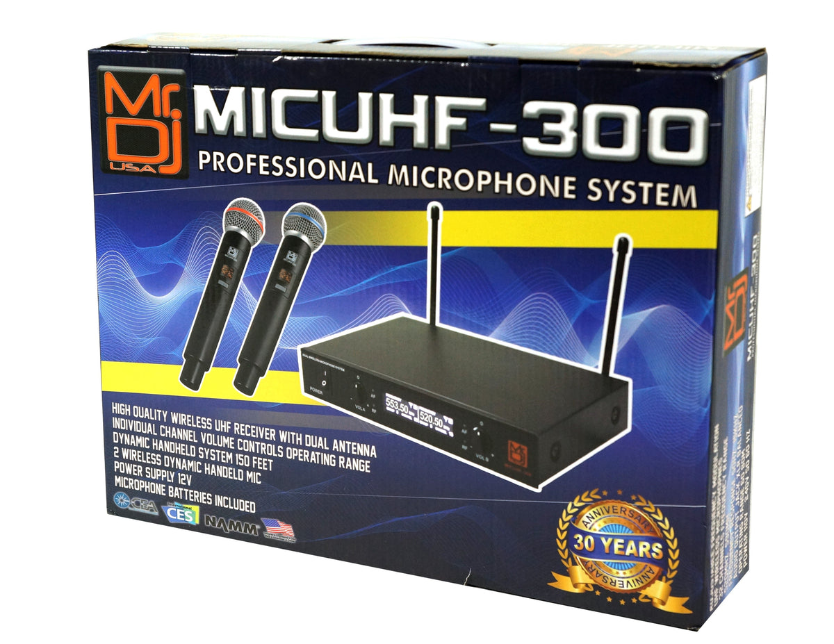 2 MR DJ MICUHF300 Dual UHF Wireless Microphone System Kit 2 Handheld & LED display