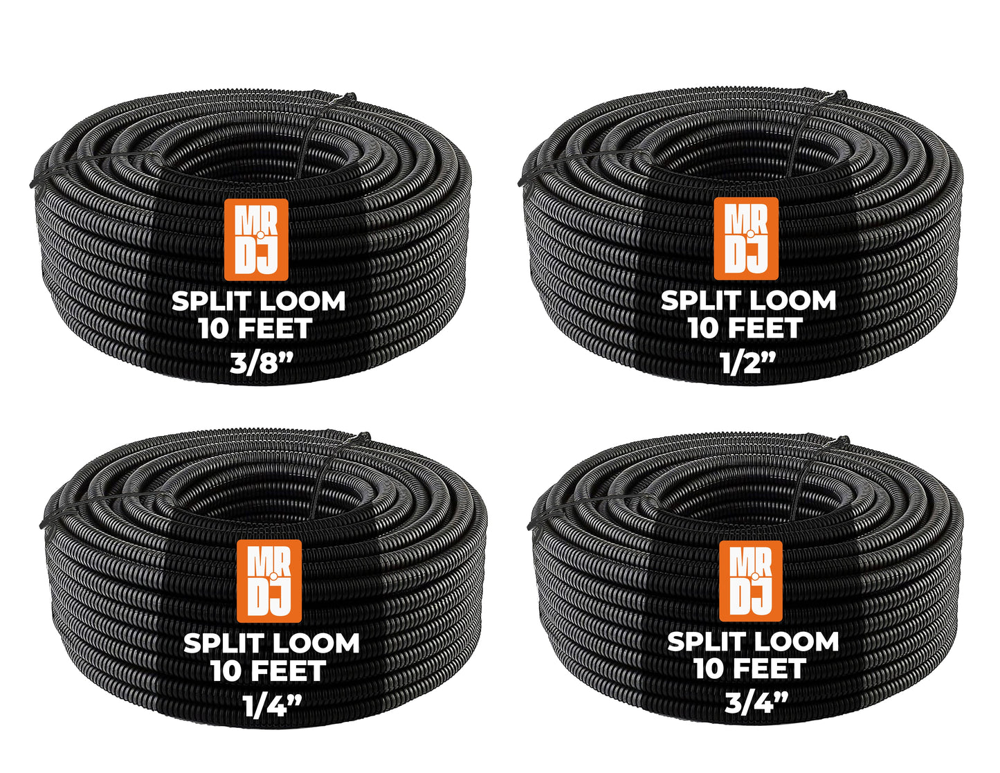 MR DJ 4-Pack 1/4", 3/8", 1/2", 3/4" x 10 Feet Each Split Wire Loom Convoluted Tubing