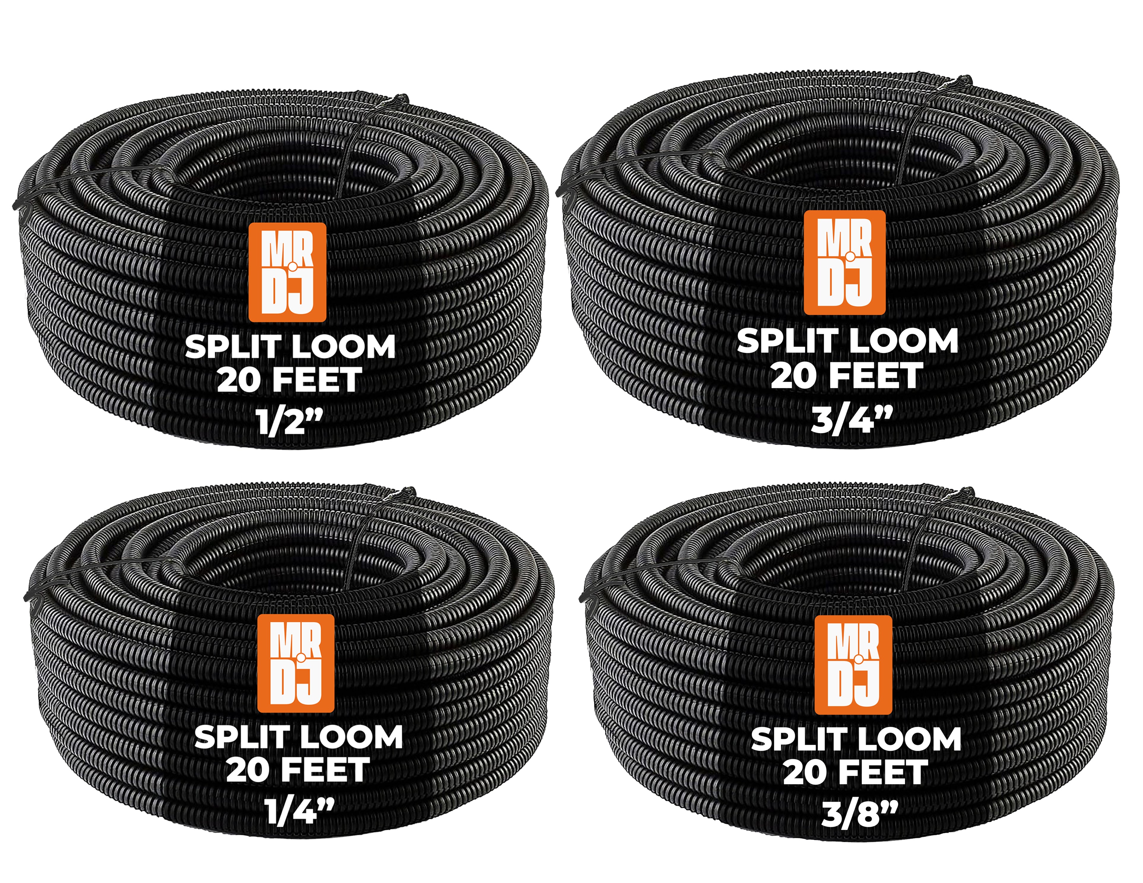 MR DJ 4-Pack 1/4", 3/8", 1/2", 3/4" x 20 Feet Each Split Wire Loom Convoluted Tubing