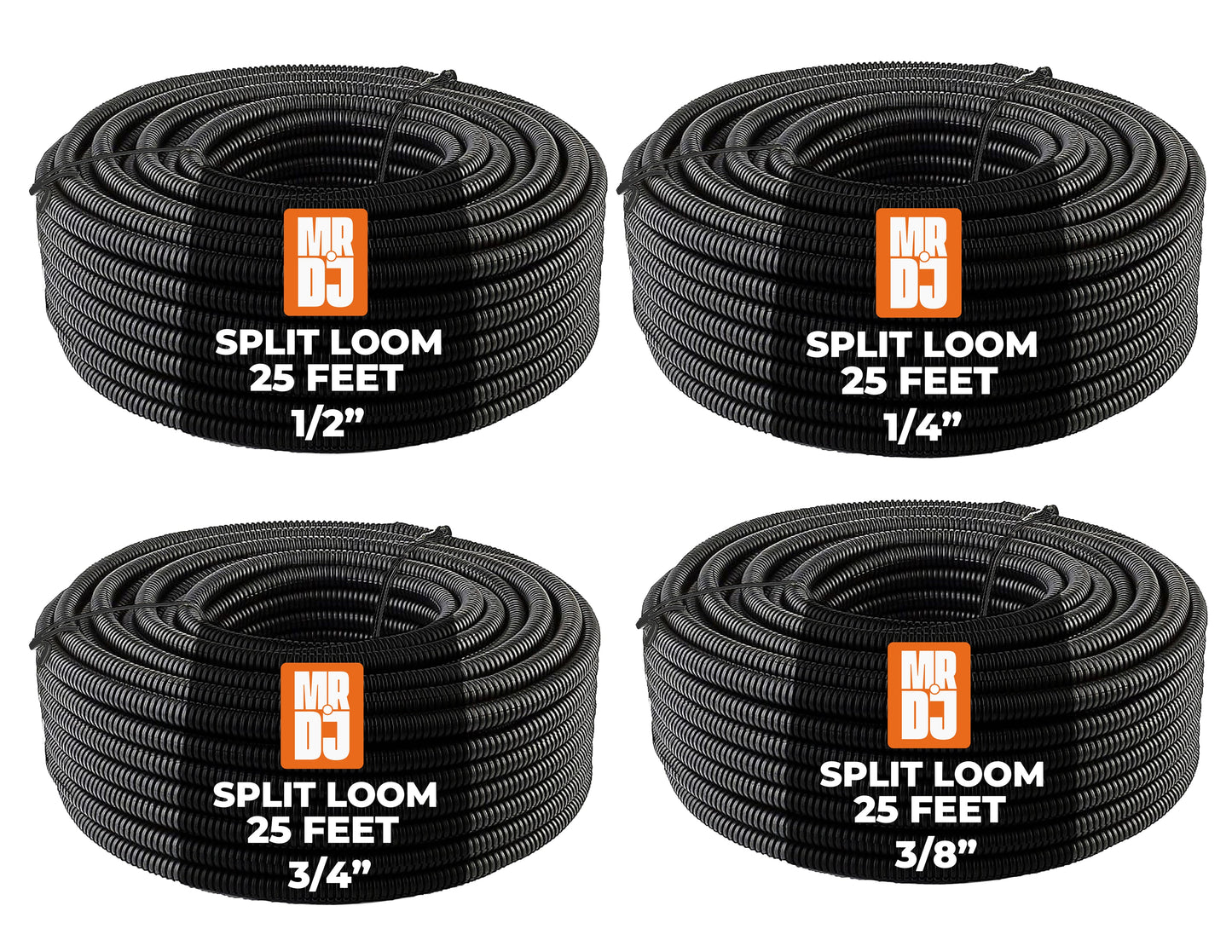 MR DJ 4-Pack 1/4", 3/8", 1/2", 3/4" x 25 Feet Each Split Wire Loom Convoluted Tubing