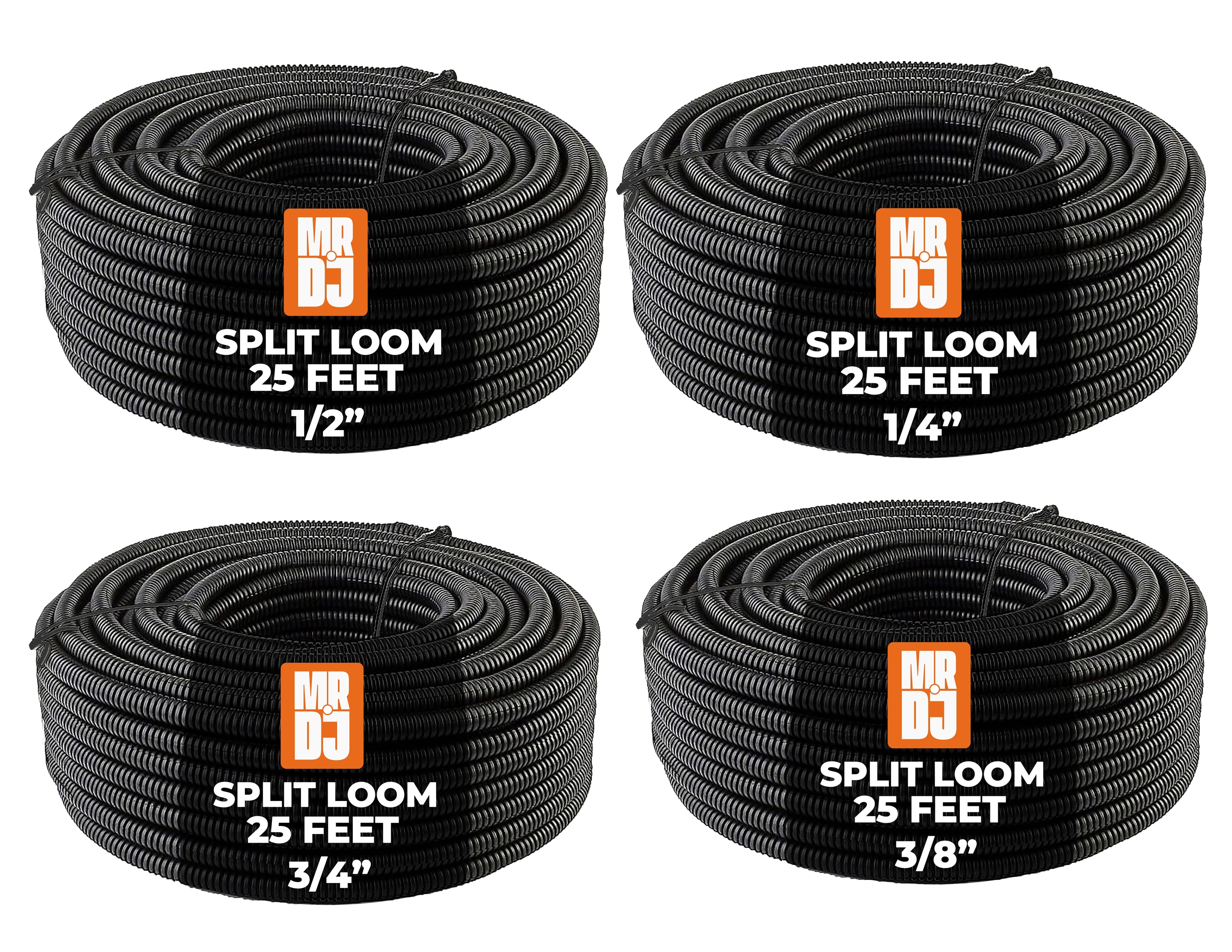 MR DJ 4-Pack 1/4", 3/8", 1/2", 3/4" x 25 Feet Each Split Wire Loom Convoluted Tubing