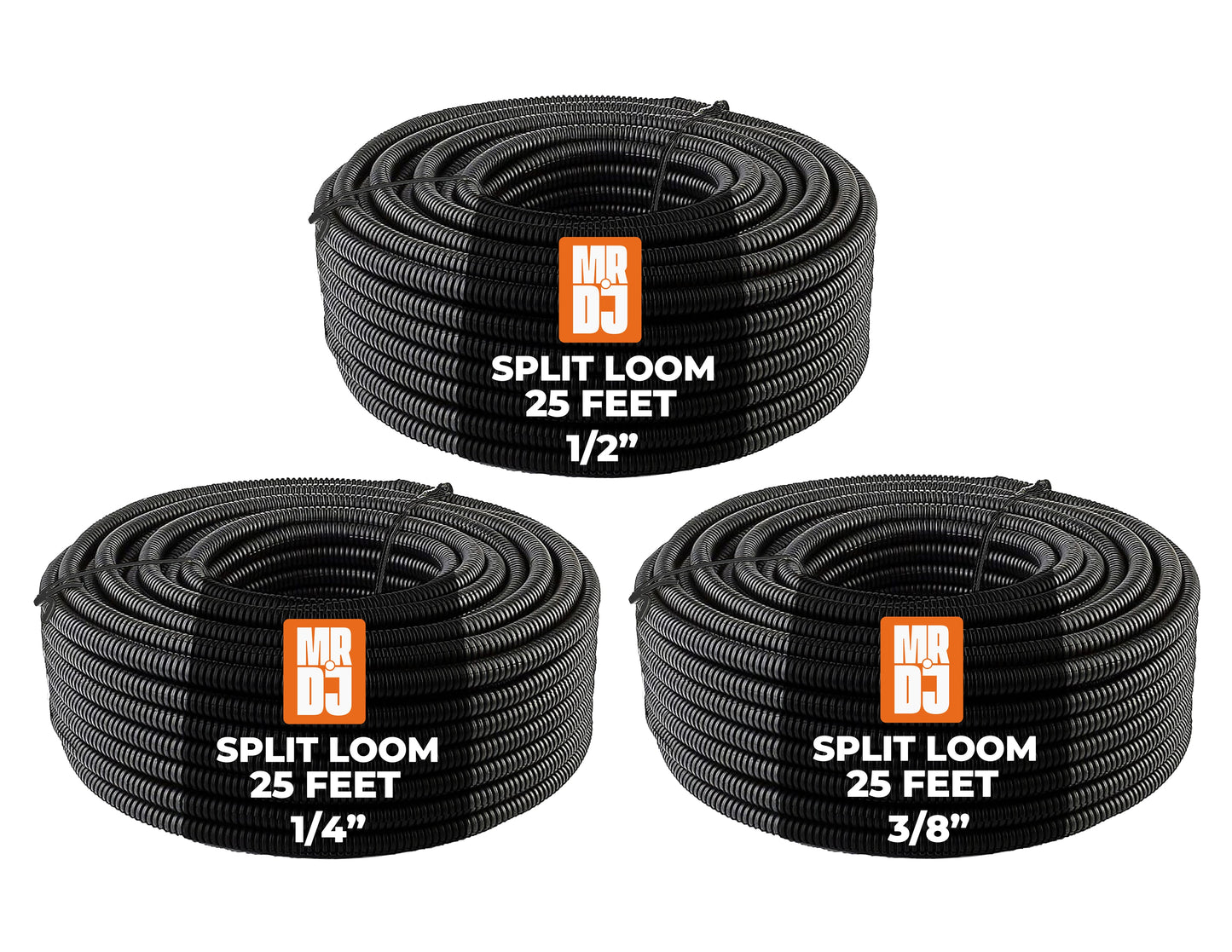 MR DJ 3-Pack 1/4", 3/8", 1/2" x 25 Feet Each Split Wire Loom Convoluted Tubing