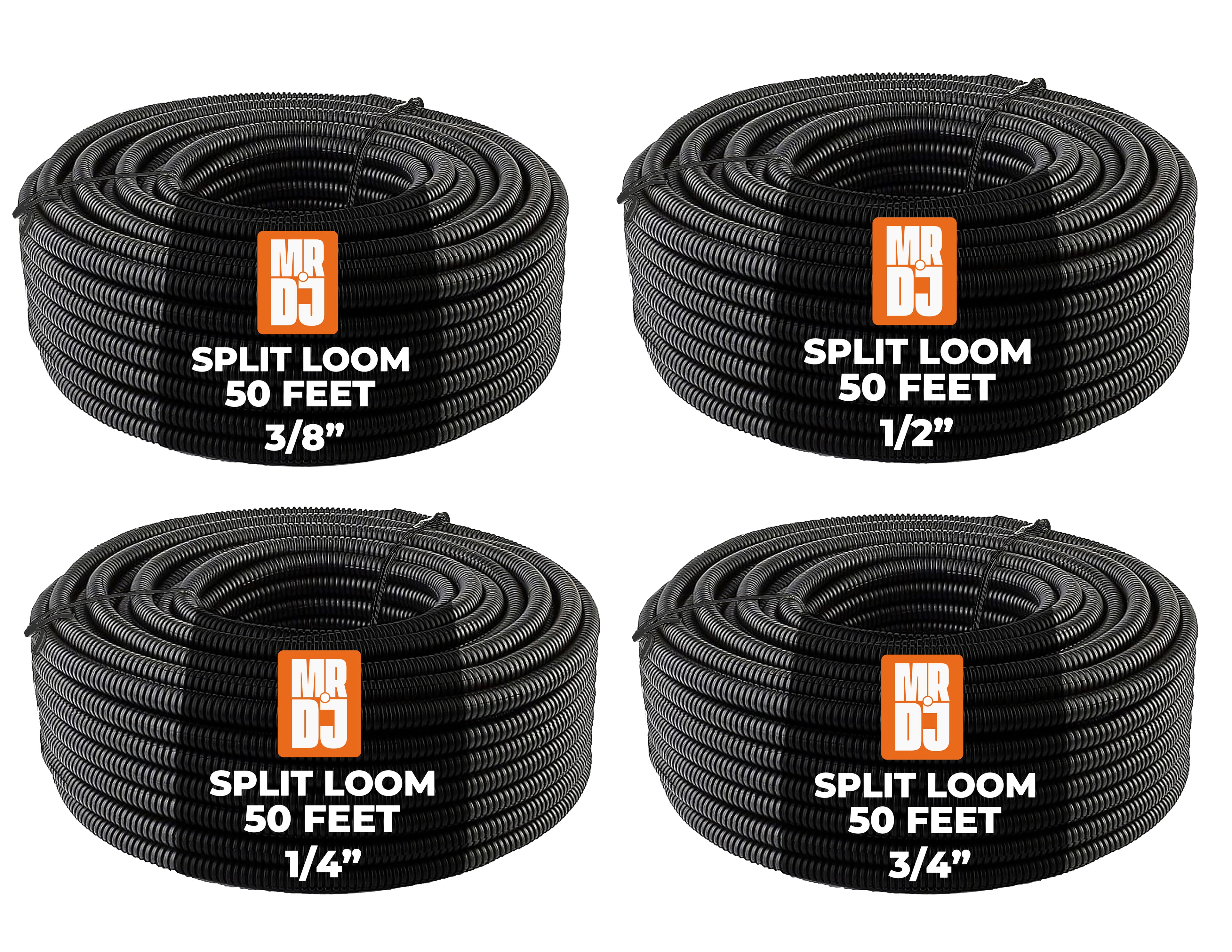 MR DJ 4-Pack 1/4", 3/8", 1/2", 3/4" x 50 Feet Each Split Wire Loom Convoluted Tubing