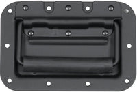  Black speaker cabinet handle plate with multiple screws and mounting holes for sturdy installation.