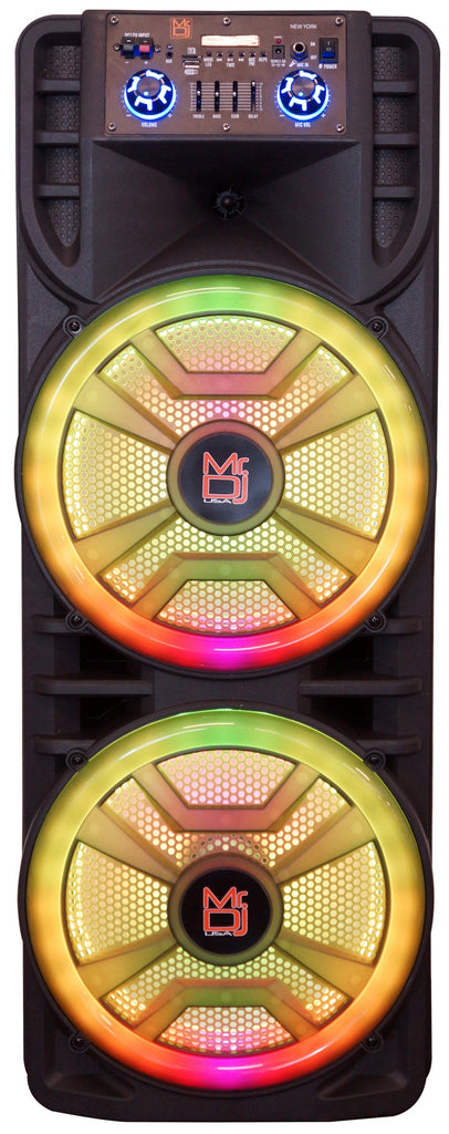 MR DJ NEWYORK+ Dual 12" Rechargeable Portable Bluetooth Karaoke Speaker Party Flame Lights Microphone TWS USB FM Radio
