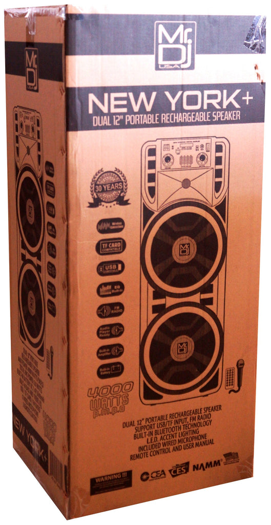 MR DJ NEWYORK+ Dual 12" Rechargeable Portable Bluetooth Karaoke Speaker Party Flame Lights Microphone TWS USB FM Radio