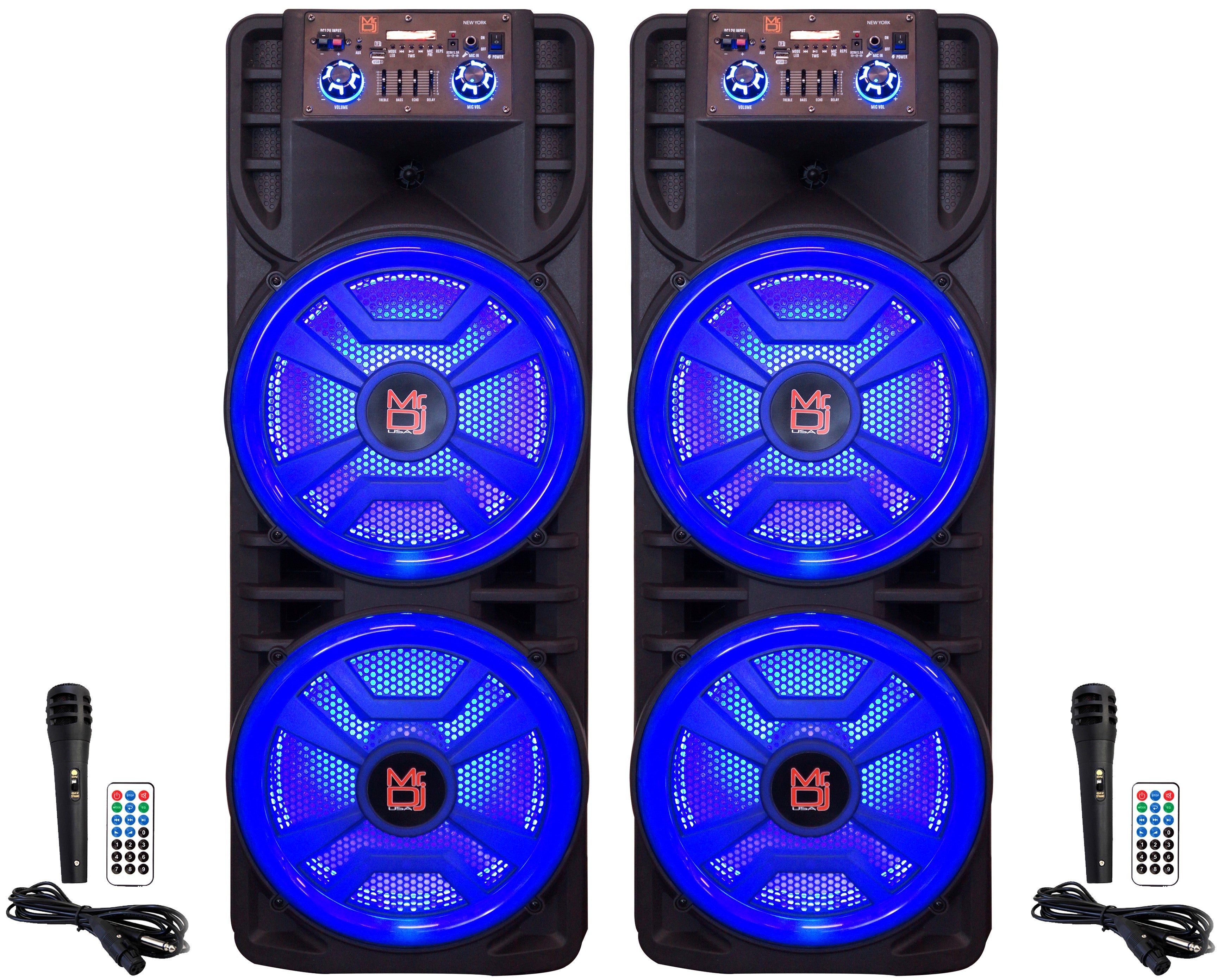 2 MR DJ NEWYORK+ 12" X 2 Rechargeable Portable Bluetooth Karaoke Speaker with Party Flame Lights Microphone TWS USB FM Radio