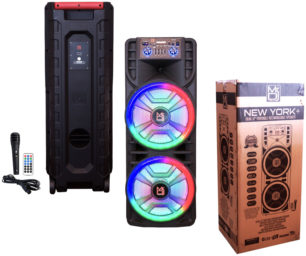 MR DJ NEWYORK+ Dual 12" Rechargeable Portable Bluetooth Karaoke Speaker Party Flame Lights Microphone TWS USB FM Radio