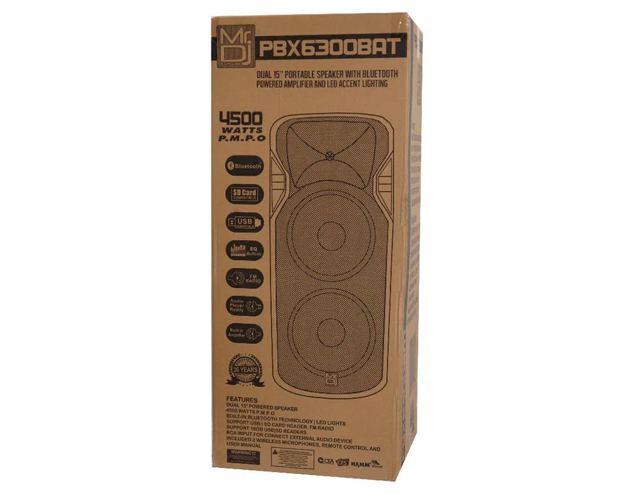 MR DJ PBX6300BAT DUAL 15" 4500W MAX POWER 2-WAY PA/DJ BLUETOOTH BATTERY SPEAKER