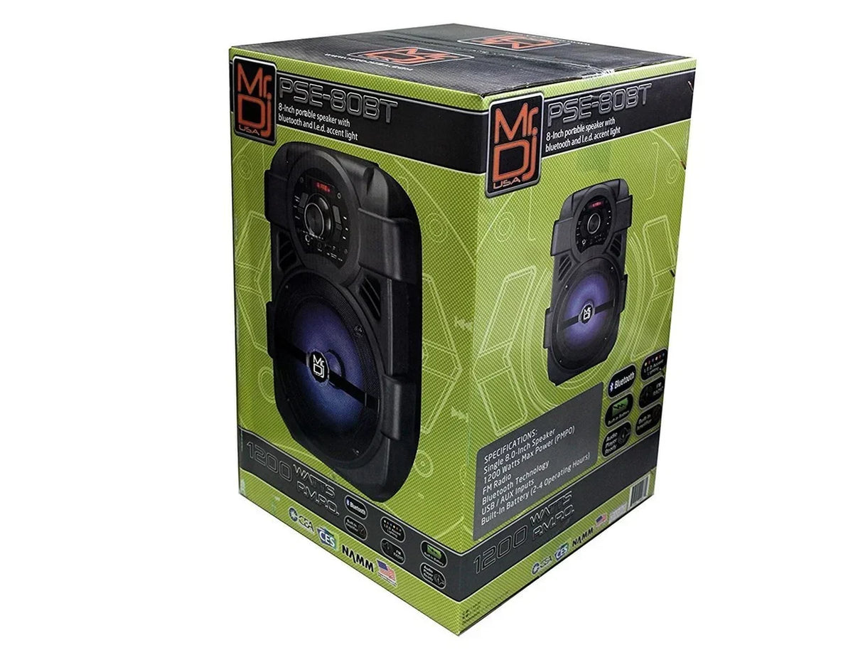 2 MR DJ PSE80BT 8" Portable Bluetooth Active Speaker Rechargeable Battery Party Speaker 1200 Watts