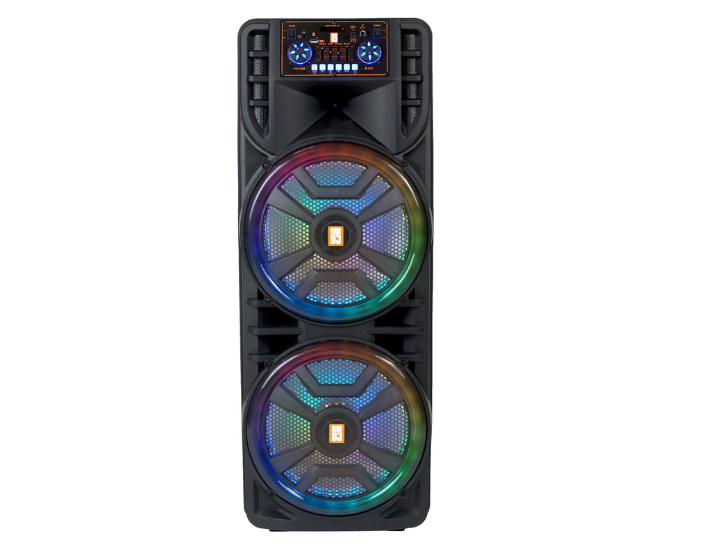 MR DJ NEWYORK 2.0 Dual 12" Rechargeable Portable Bluetooth Karaoke Speaker Party Flame Lights with 2 Wireless Microphone TWS USB FM Radio