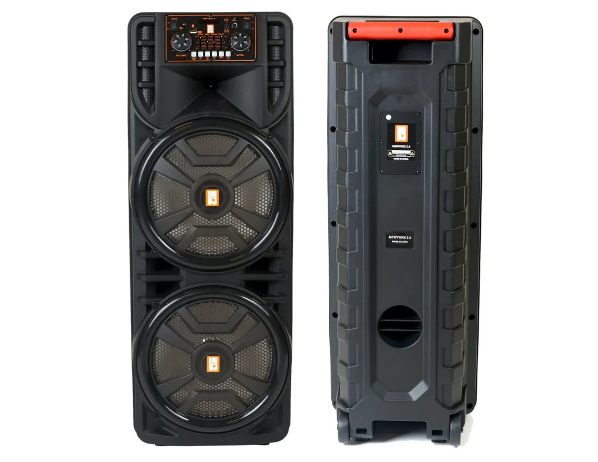 MR DJ NEWYORK+ 12" X 2 Rechargeable Portable Bluetooth Karaoke Speaker with Party Flame Lights Microphone TWS USB FM Radio
