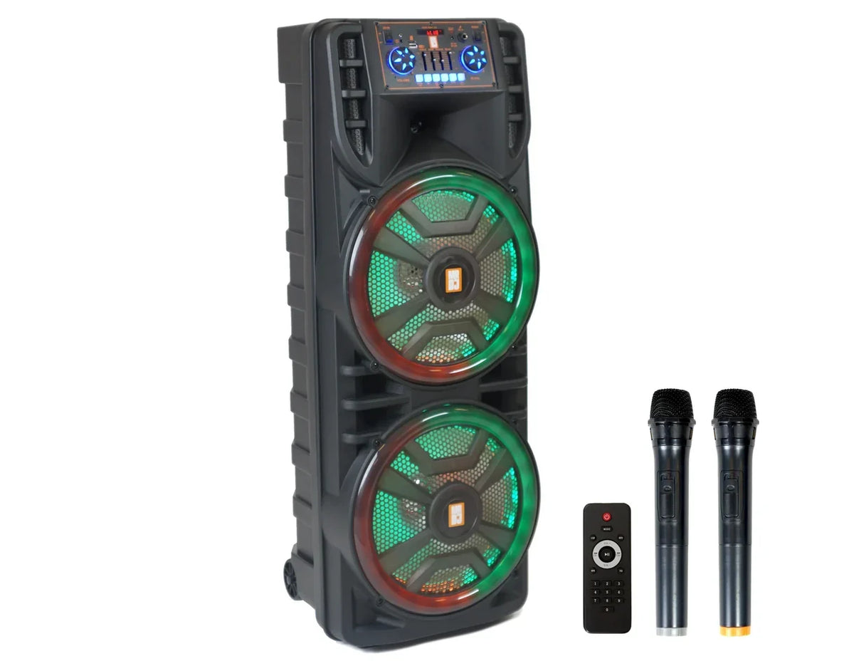 MR DJ NEWYORK+ 12" X 2 Rechargeable Portable Bluetooth Karaoke Speaker with Party Flame Lights Microphone TWS USB FM Radio