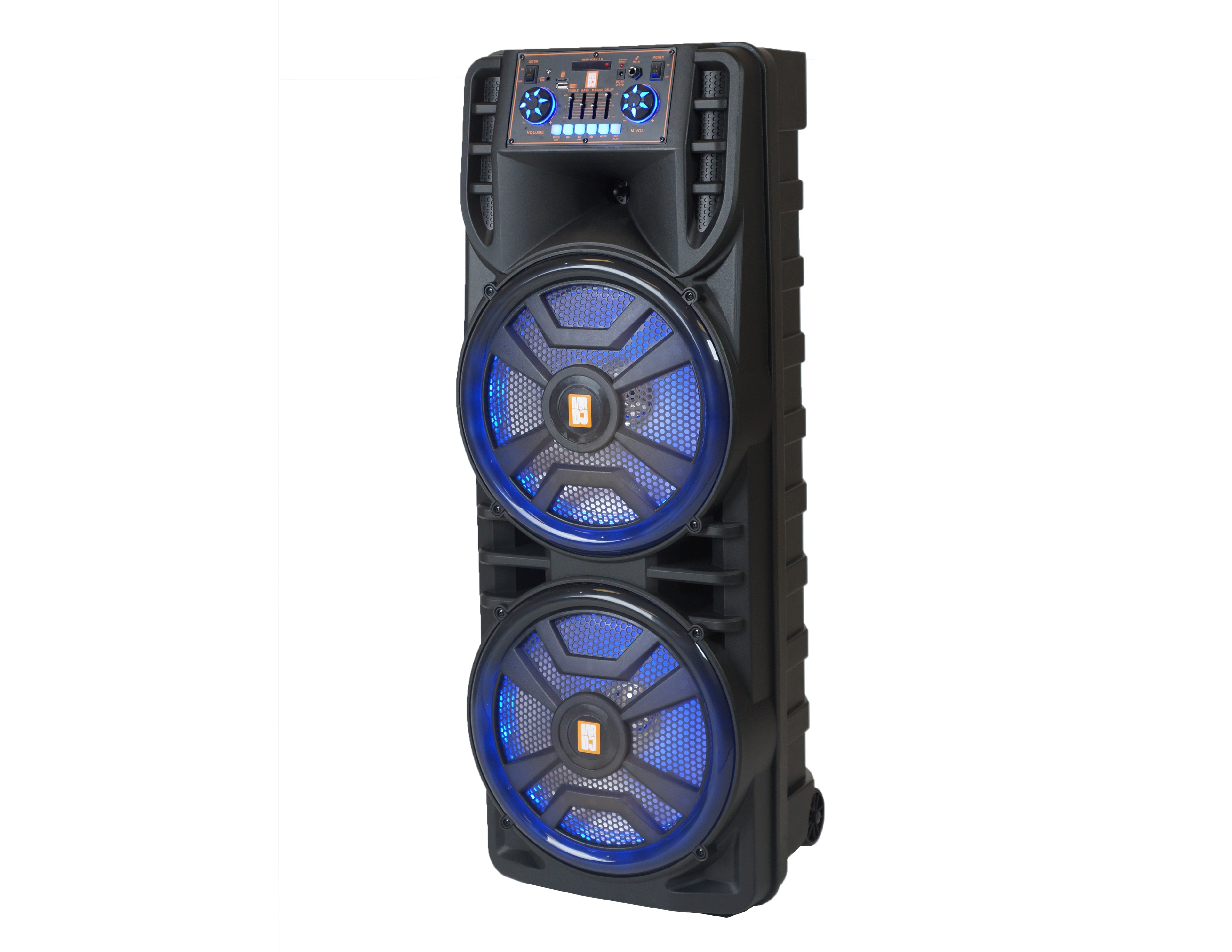 2 MR DJ NEWYORK 2.0 Dual 12” Rechargeable Bluetooth Party Speaker 4000W Portable PA System with Flame LED Lights 2 Wireless Microphones TWS Stereo USB FM Radio