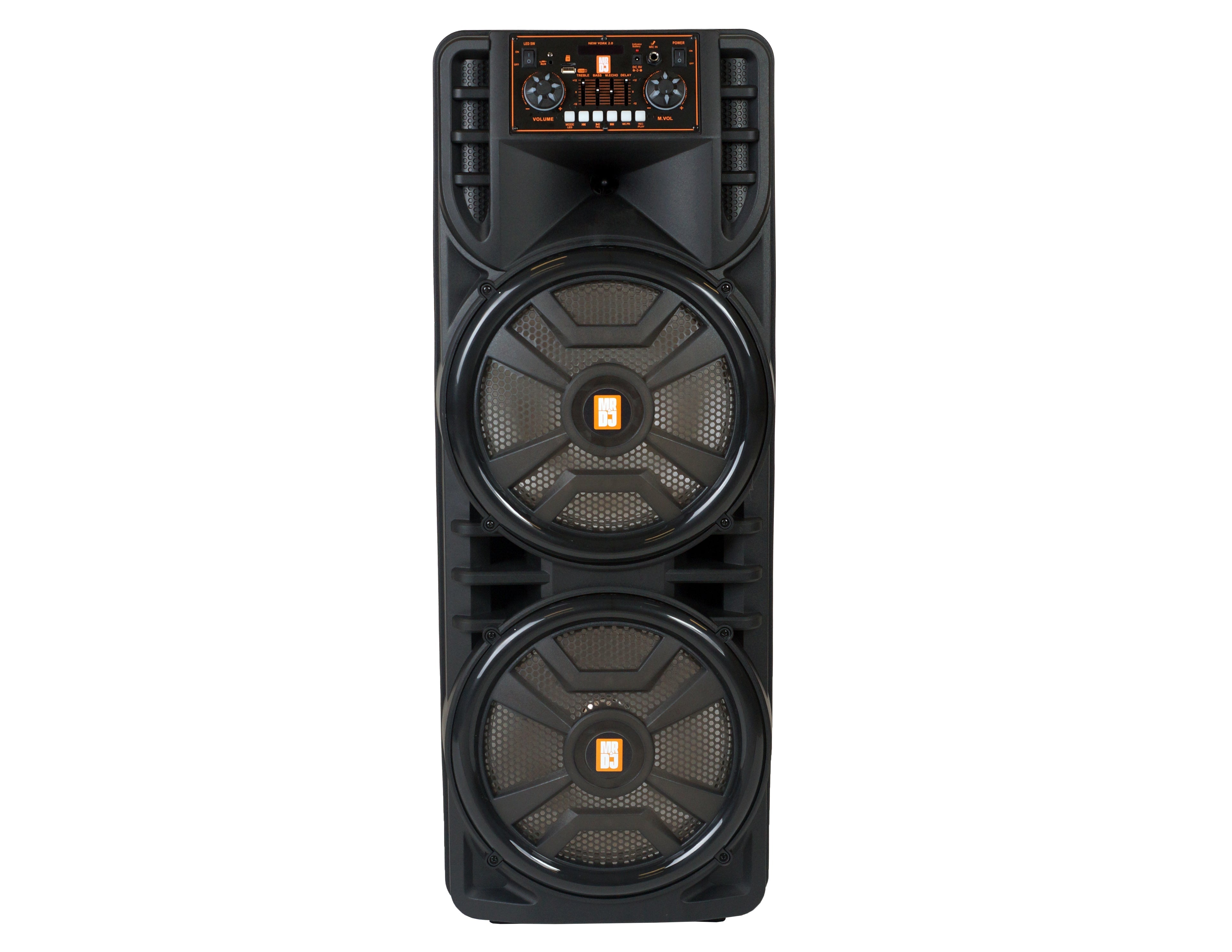 2 MR DJ NEWYORK 2.0 Dual 12” Rechargeable Bluetooth Party Speaker 4000W Portable PA System with Flame LED Lights 2 Wireless Microphones TWS Stereo USB FM Radio