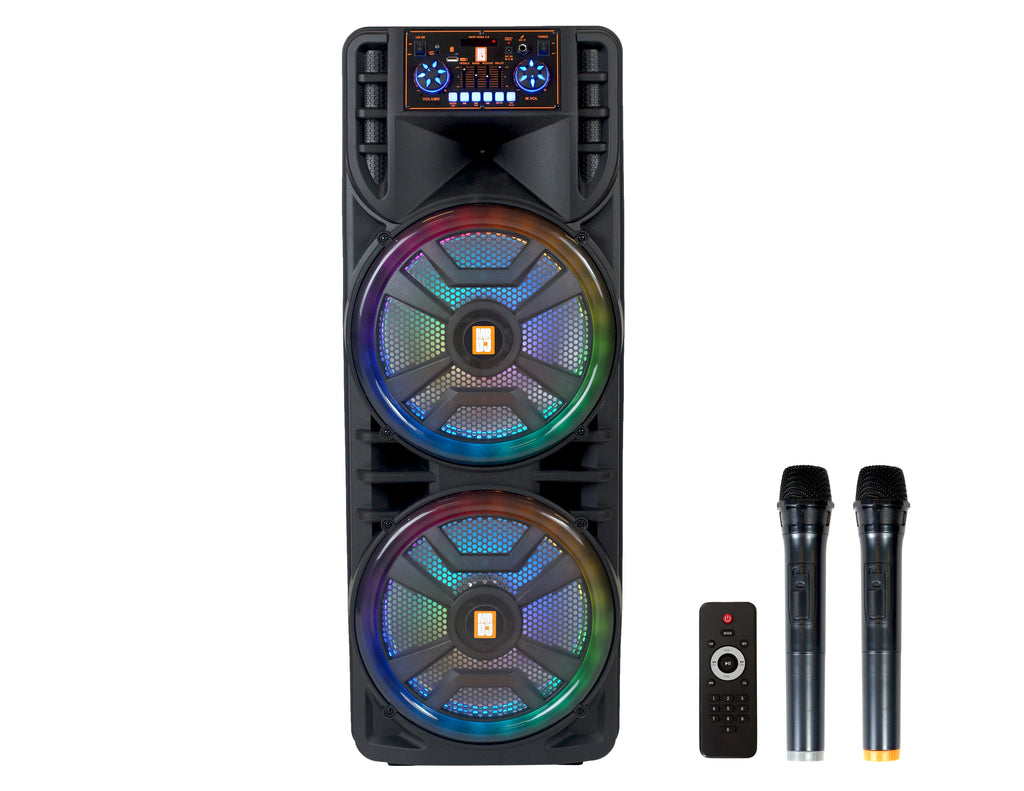 MR DJ NEWYORK 2.0 Dual 12" Rechargeable Portable Bluetooth Karaoke Speaker Party Flame Lights with 2 Wireless Microphone TWS USB FM Radio