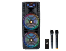 Load image into Gallery viewer, MR DJ NEWYORK 2.0 Dual 12&quot; Rechargeable Portable Bluetooth Karaoke Speaker Party Flame Lights with 2 Wireless Microphone TWS USB FM Radio