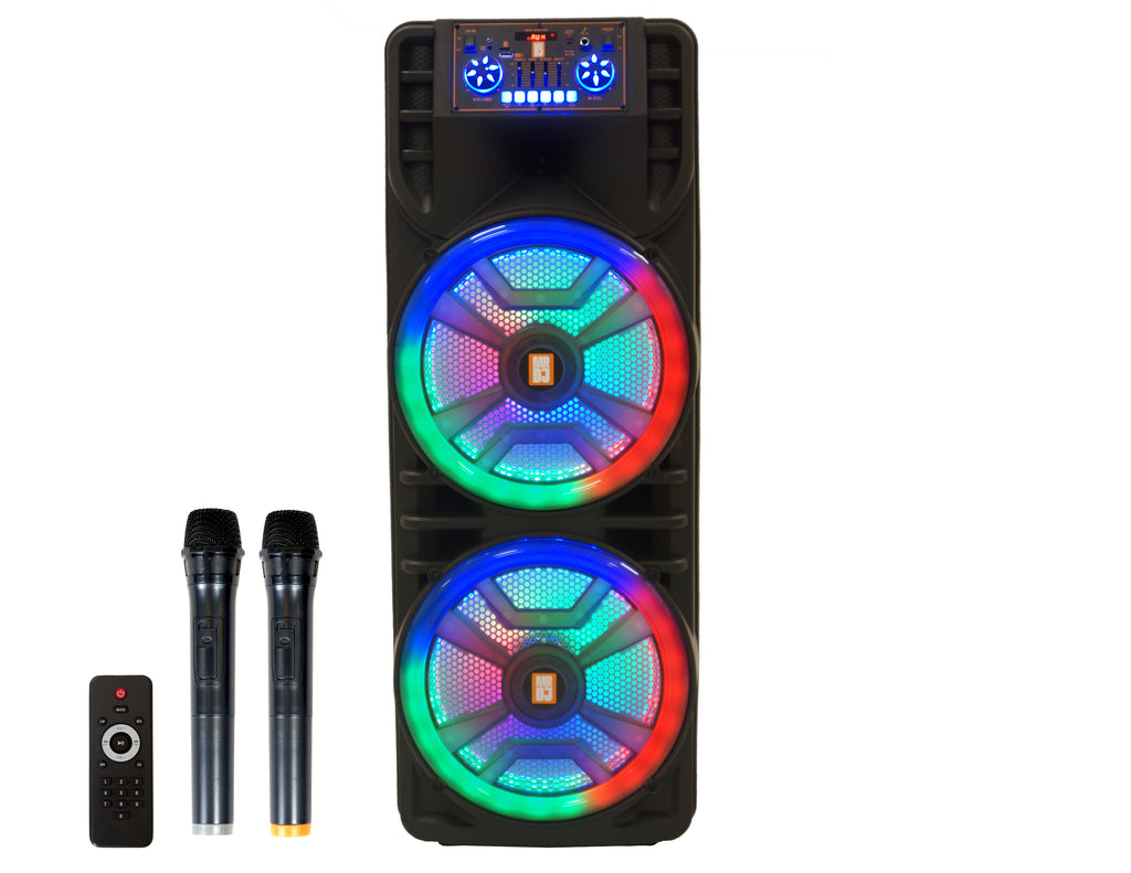 MR DJ NEWYORK 2.0 Dual 12" Rechargeable Portable Bluetooth Karaoke Speaker Party Flame Lights with 2 Wireless Microphone TWS USB FM Radio