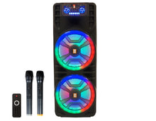 Load image into Gallery viewer, MR DJ NEWYORK 2.0 Dual 12&quot; Rechargeable Portable Bluetooth Karaoke Speaker Party Flame Lights with 2 Wireless Microphone TWS USB FM Radio