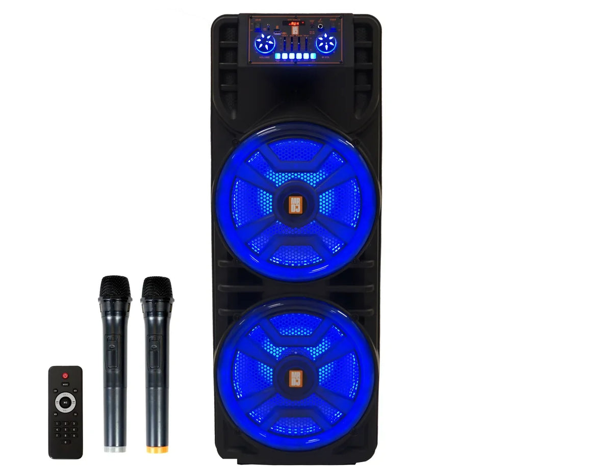 MR DJ NEWYORK+ 12" X 2 Rechargeable Portable Bluetooth Karaoke Speaker with Party Flame Lights Microphone TWS USB FM Radio