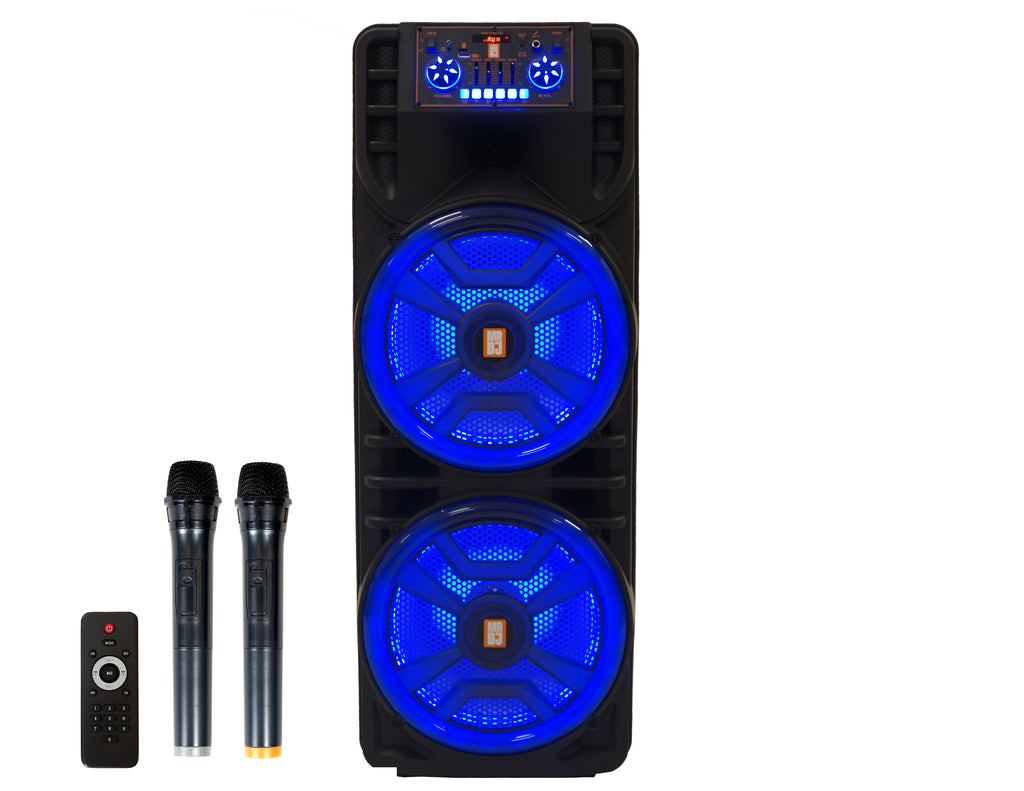 MR DJ NEWYORK 2.0 Dual 12" Rechargeable Portable Bluetooth Karaoke Speaker Party Flame Lights with 2 Wireless Microphone TWS USB FM Radio