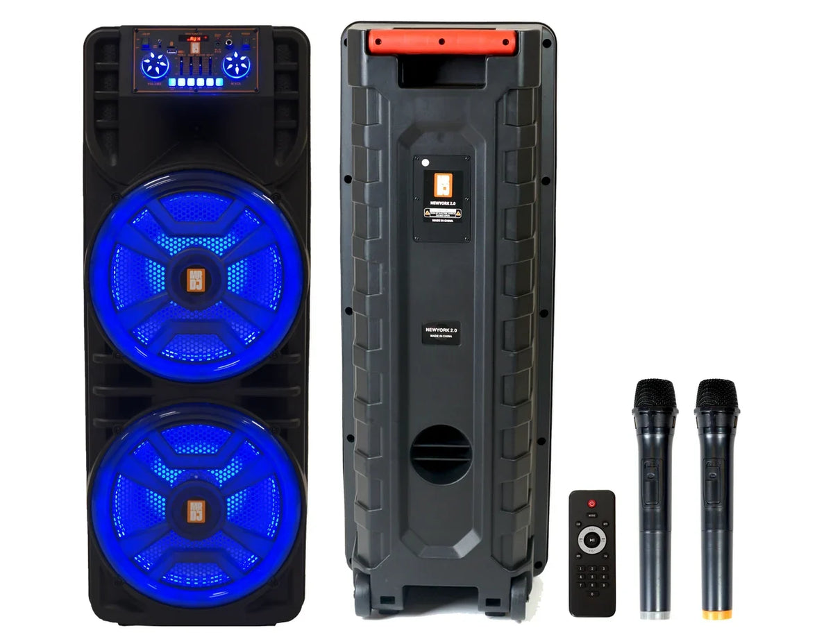 MR DJ NEWYORK+ 12" X 2 Rechargeable Portable Bluetooth Karaoke Speaker with Party Flame Lights Microphone TWS USB FM Radio