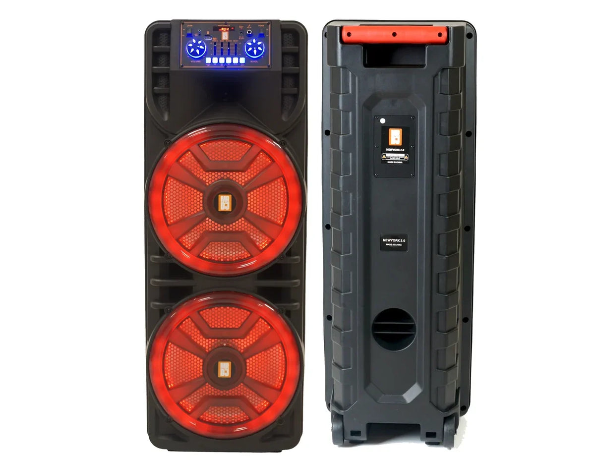 MR DJ NEWYORK+ 12" X 2 Rechargeable Portable Bluetooth Karaoke Speaker with Party Flame Lights Microphone TWS USB FM Radio