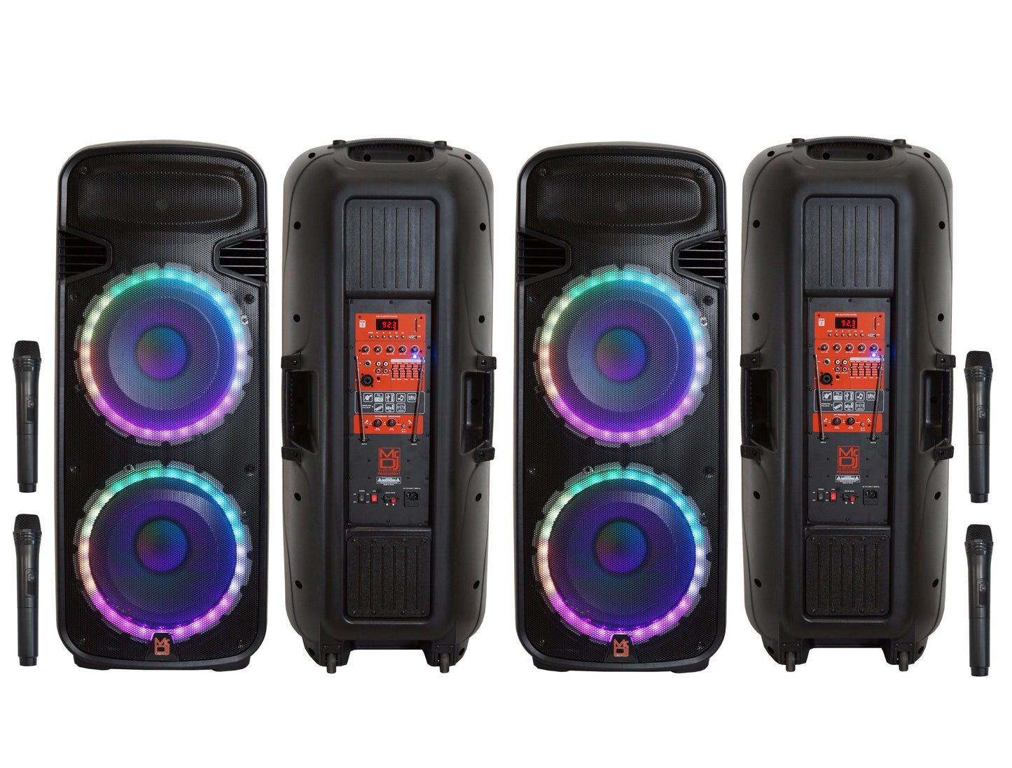 2 MR DJ PBX6300BAT 4500 Watts Dual 12" Rechargeable PA DJ Party Speaker Bluetooth, Light, Echo, MIC