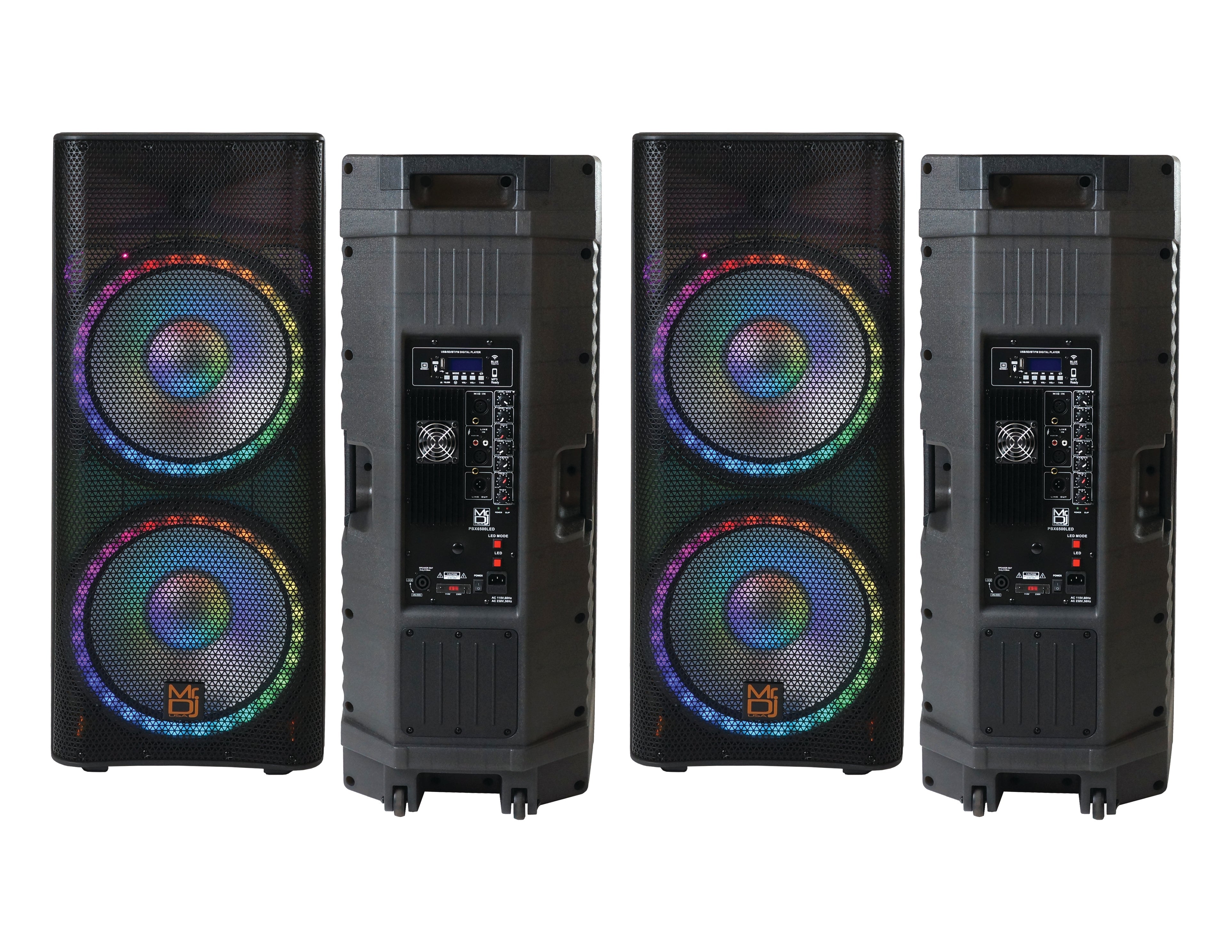 2 MR DJ PBX6500LED & PBX6500S Dual 15" 3-Way Full-Range Powered/Active and Passive DJ PA Multipurpose Live Sound Bluetooth Loudspeaker