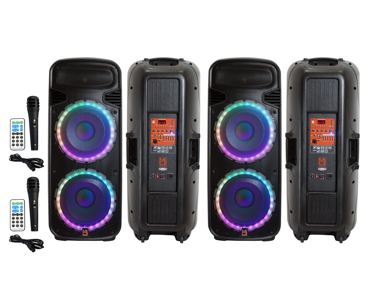 Pair of Dual 15" Rechargeable 4000W Max Powered Active PA Portable DJ Speakers with Built-In Bluetooth & LED Light