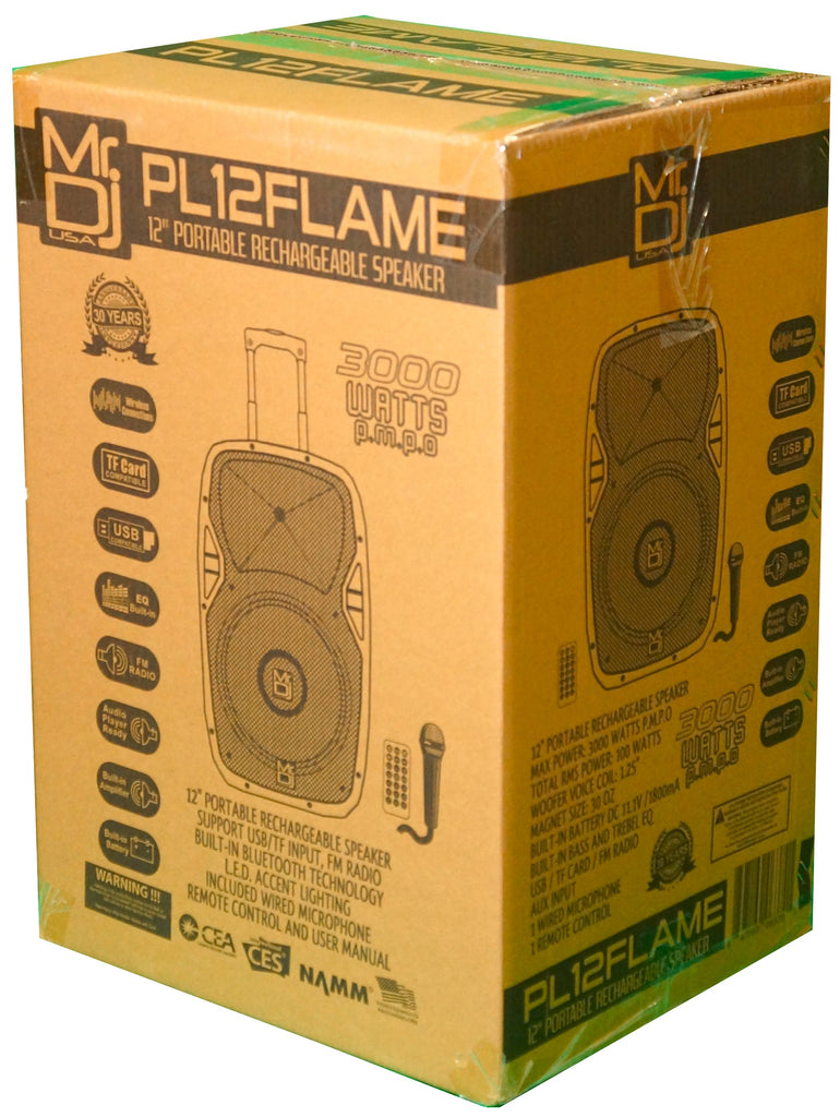 MR DJ PL12FLAME 12" Portable Translucent Trolley PA DJ Active Powered Bluetooth TWS Speaker 3000 Watts LCD/MP3/USB/micro SD