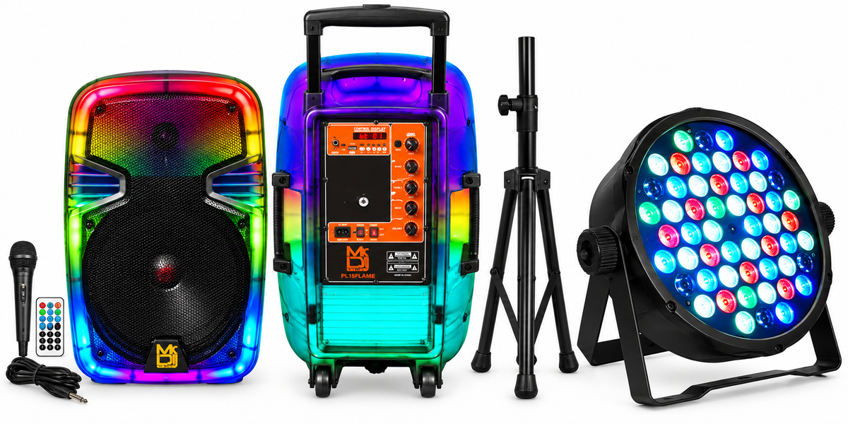 MR DJ PL15FLAME 15" Portable Translucent Bluetooth Speaker + Speaker Stand + 54-LED Slim Par Wash DJ Light