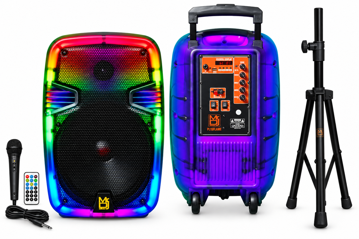 MR DJ PL12FLAME 12" Portable Translucent Bluetooth Speaker + Speaker Stand + 7-LED Moving Head DJ Light
