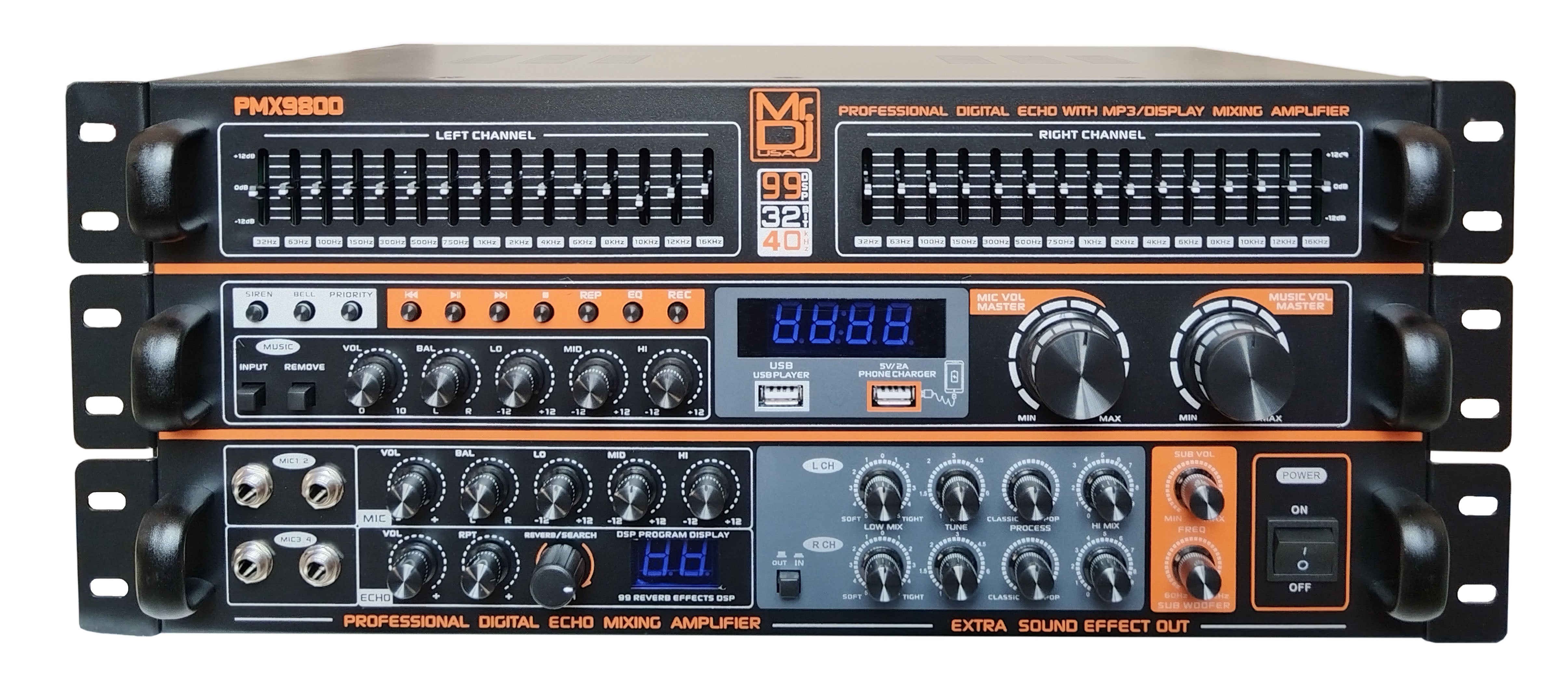 MR DJ PMX-9800 5000W PA DJ Audio Mixer Powered Soundboard DSP Bluetooth FM