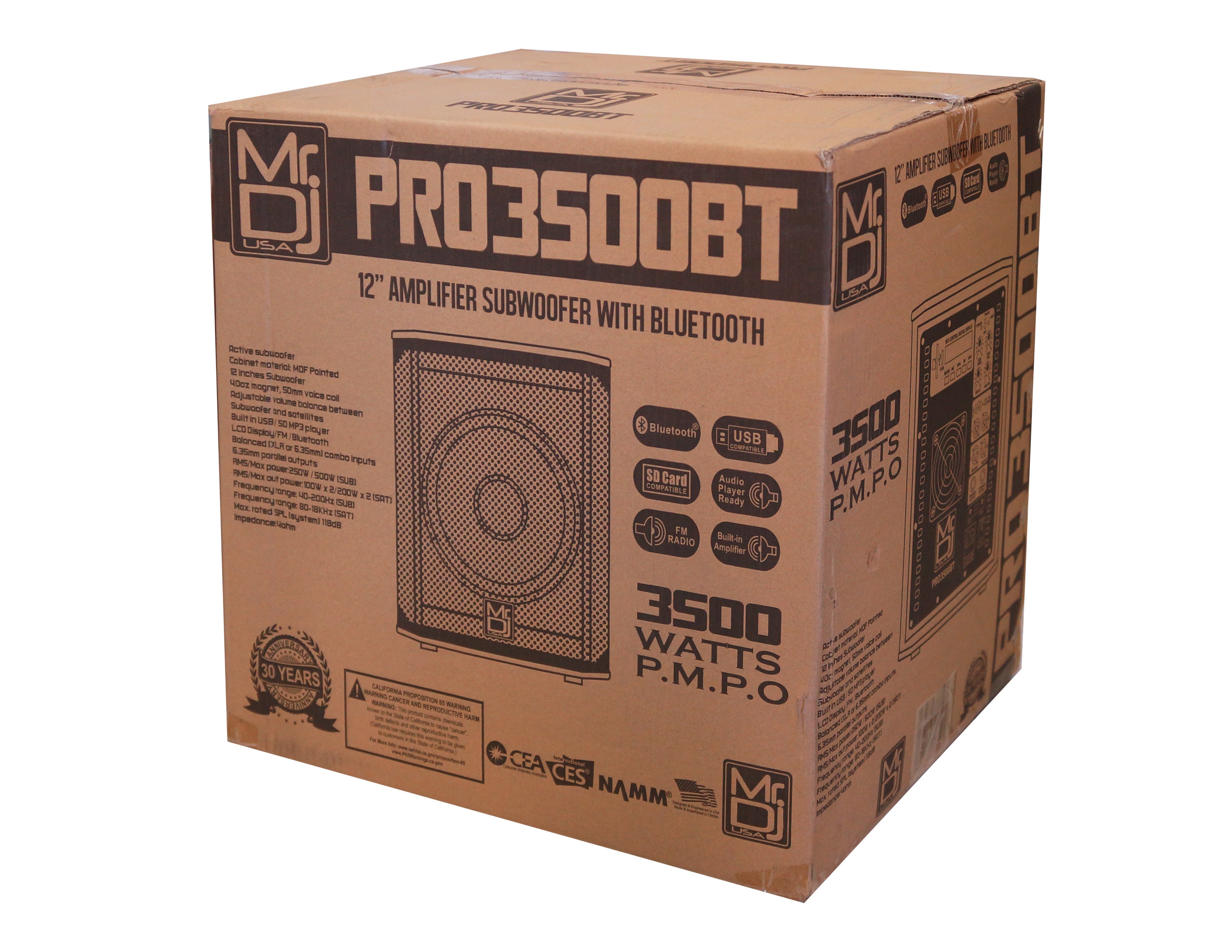 MR DJ PRO3500BT 12" 3500W Pro Active Subwoofer with 2 Speaker Output Package