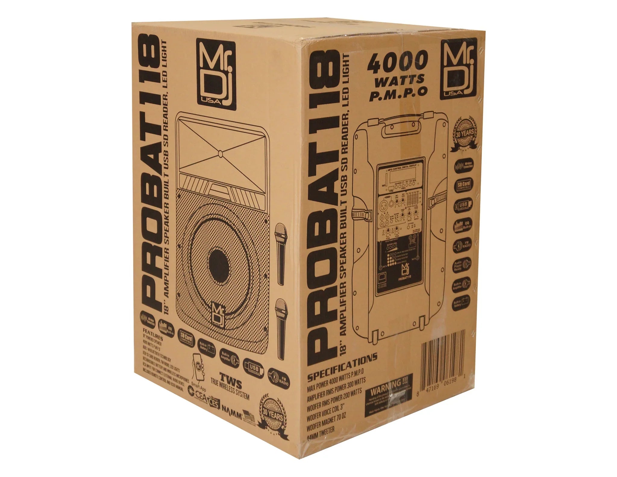 MR DJ PROBAT118 18" 4000 Watts Power Speaker Built-in Battery + Speaker Stand
