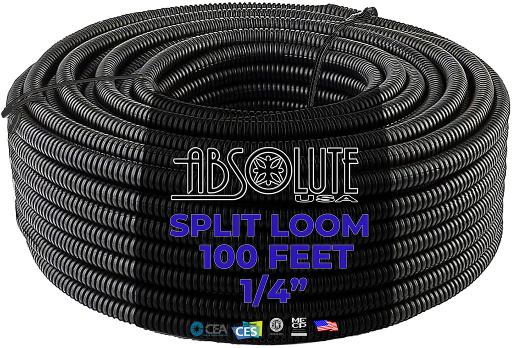Absolute SLT14BK 100' 1/4" 6.35mm Black Split Wire Loom Conduit Tubing Sleeve Tube