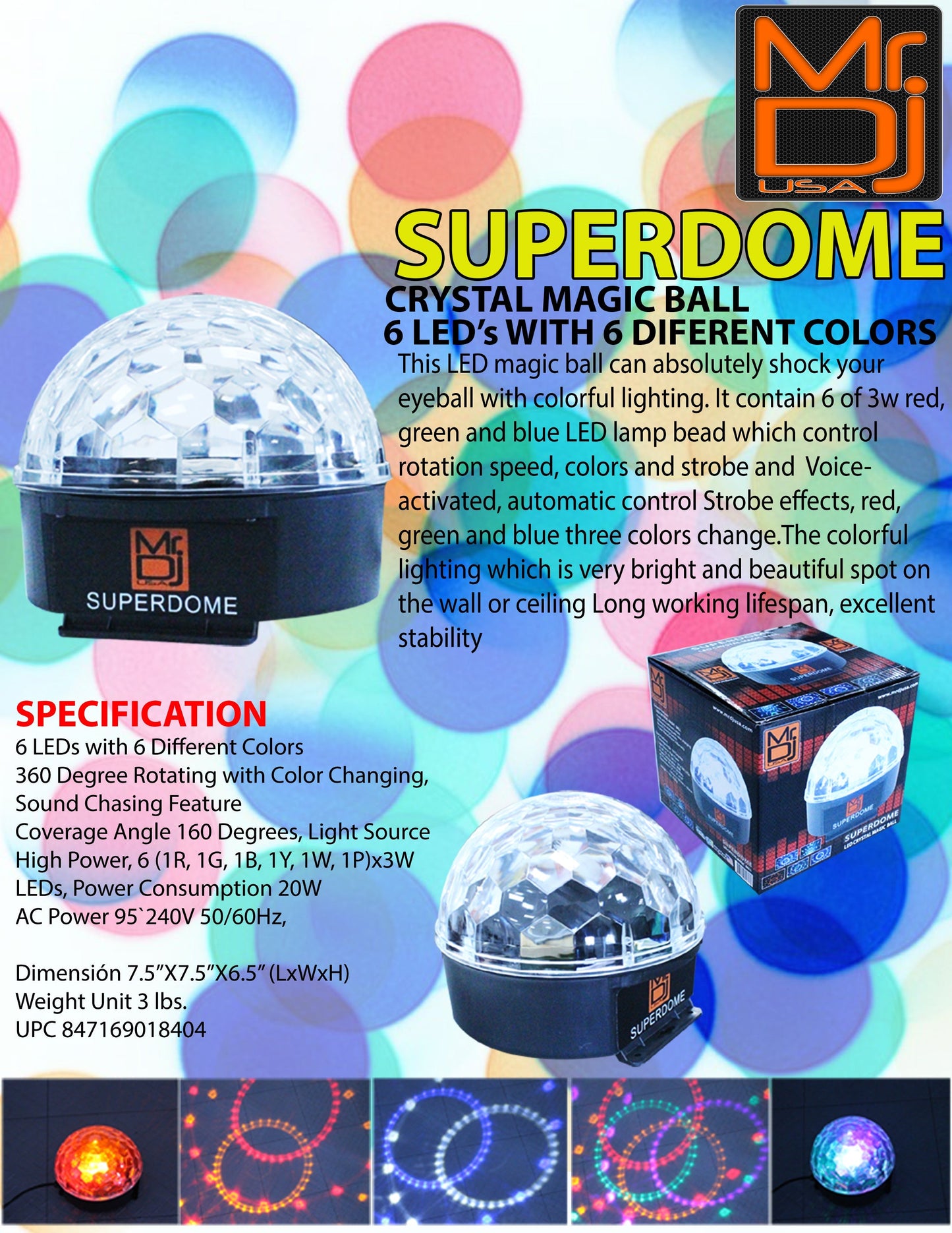 MR DJ SUPERDOME LED Crystal Magic Ball DJ Strobe Light 6 LED 6 Colors Sound Activated DMX512