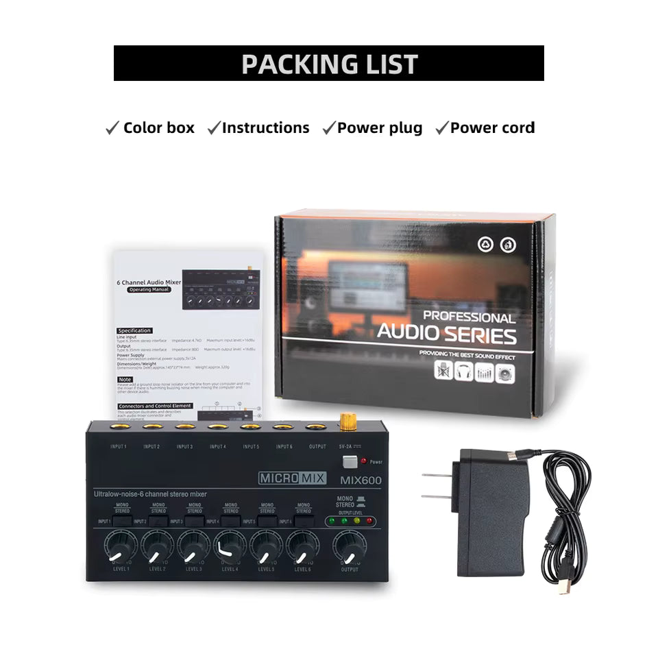 MR DJ MIX600 Ultra Low-Noise 6-Channel Line Mixer Stereo/Single Track Switch Microphone