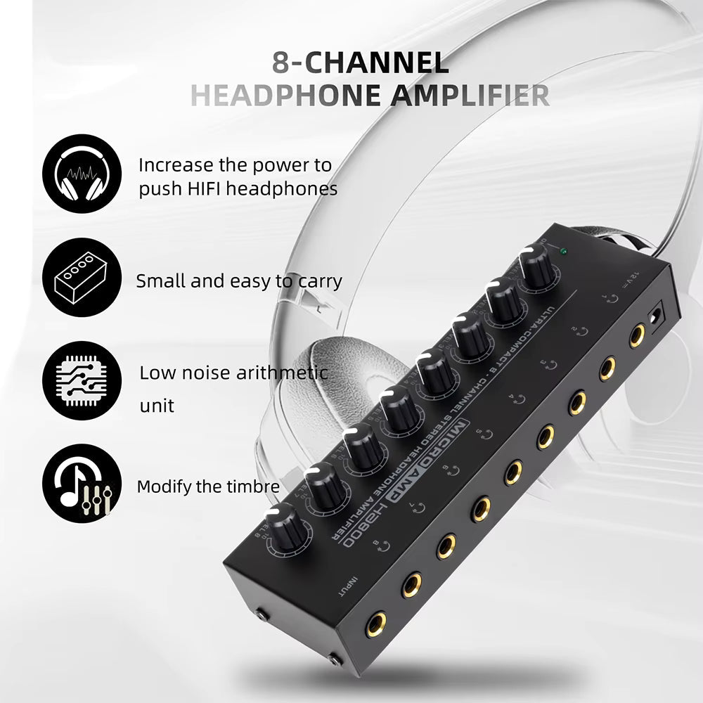 MR DJ Microamp HA800 Ultra-compact 8-channel stereo headphone amplifier