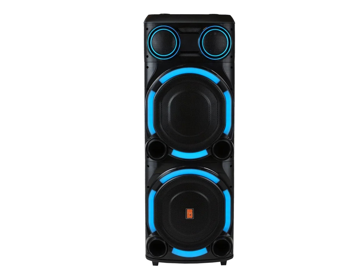 MR DJ USA Vegas+ Double 15" Bluetooth powered PA active speakers with LED lights and dual woofers.