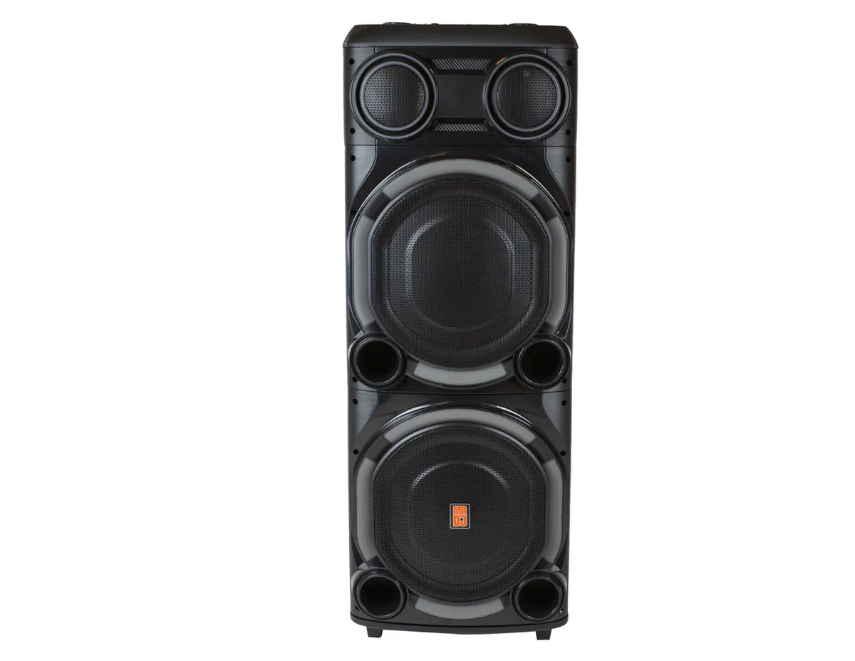 MR DJ USA Vegas+ Double 15" Bluetooth powered PA active speakers with LED lights and dual woofers.