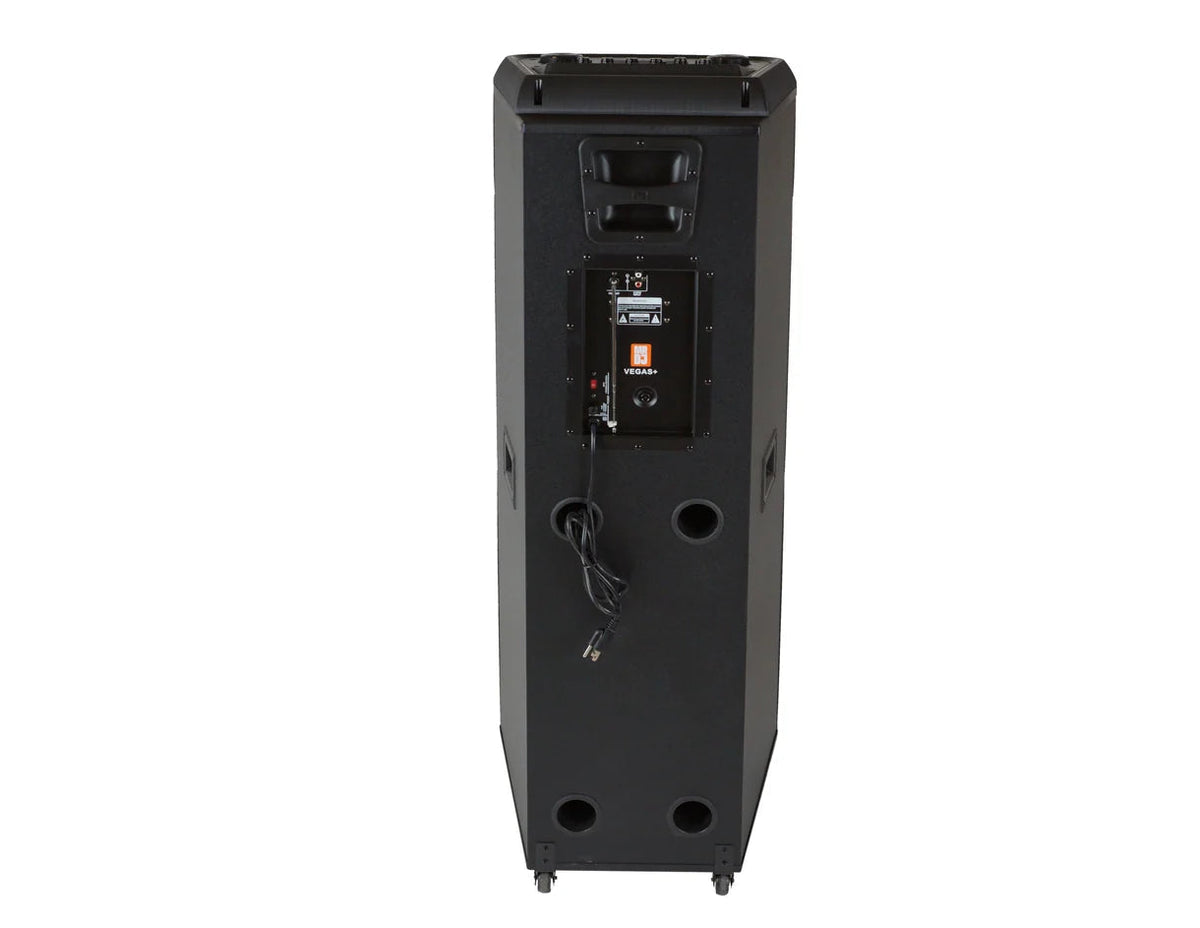 MR DJ USA Vegas+ Double 15" Bluetooth powered PA active speakers with LED lights and dual woofers.