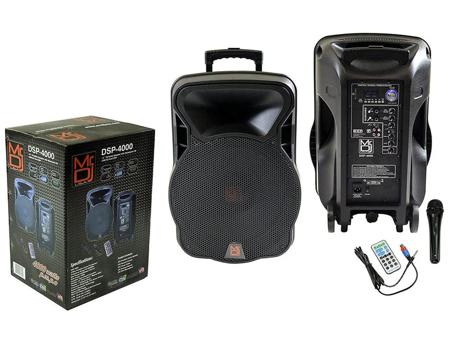 2 Mr. Dj DSP4000 15" 4000W Bluetooth DSP FM Radio USB Portable PA DJ Speaker Microphone