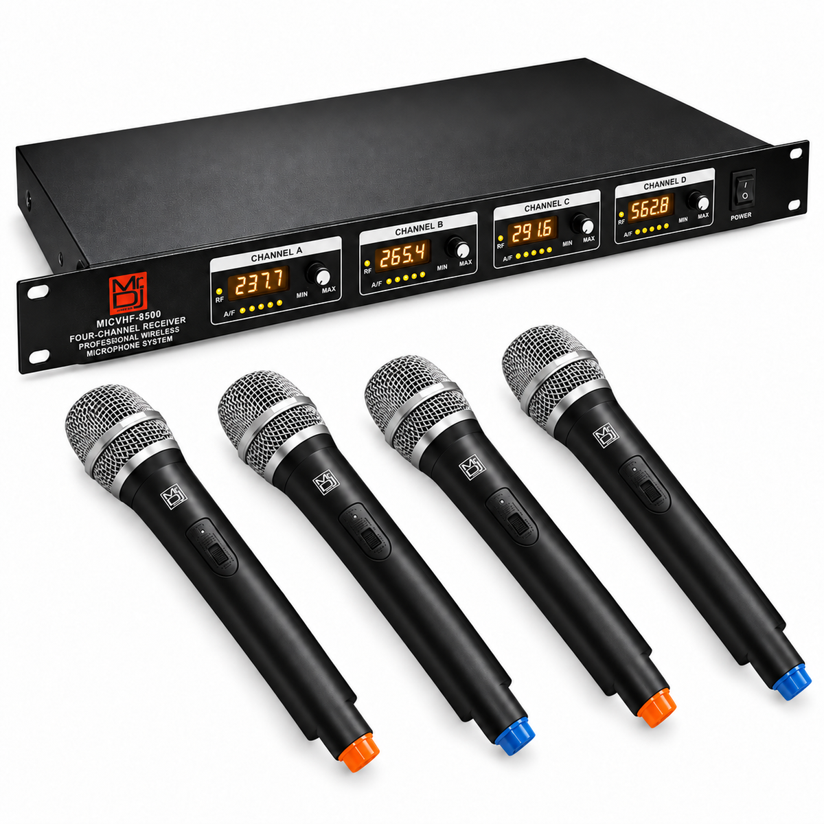 MR DJ MICVHF8500 4 Channel Professional PA/DJ/KTV/Karaoke VHF Handheld Wireless Microphone System with Digital Receiver